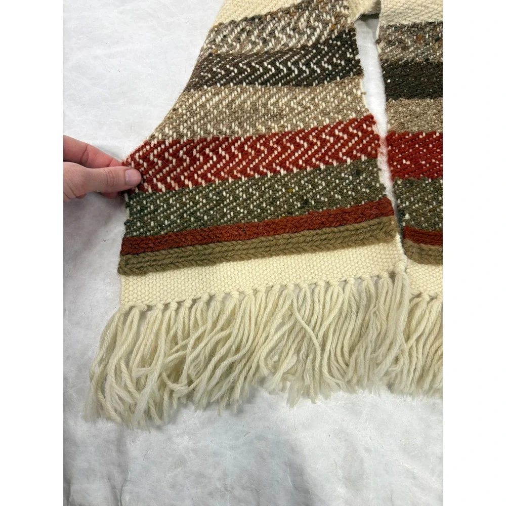 Vintage Handwoven Wool Runner Scarf Stiff Textured Striped Fringe Cream 49in